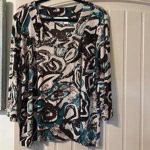 Chico's Travelers Top Size 3/XL Brown Beige Teal Print Square Neck 3/4 Sleeve